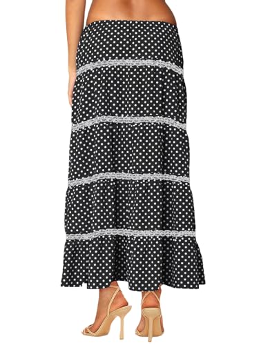 Women's Elastic High Waist Flowy Long Maxi Skirt Lace Crochet Summer Print Pleated Tiered Skirts2