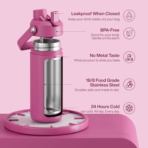 Image of ENCOOL Insulated Water Bottle with Straw Stainless Steel Water Bottle, Leak-Proof, BPA-Free, Double Wall Vacuum Keeps Cold for 24 Hours for Sports, Travel, School (18 oz, Turkish Rose)