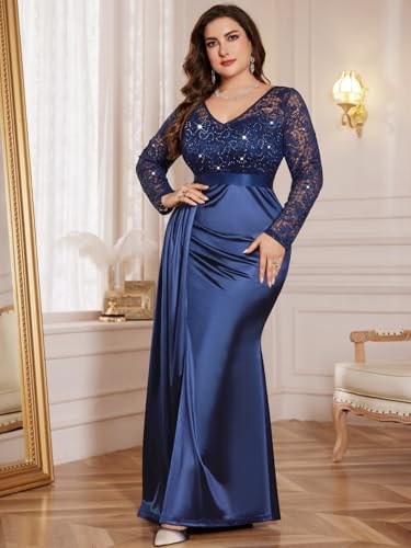 MISSMAY Women's Plus Size Sequins Lace V Neck Long Ruched Satin Slit Mermaid Hem Formal Party Long Dress3