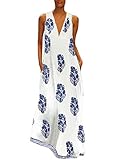 Zanzea Street Fashion Women’s Sleeveless Maxi Dress V Neck Floral Summer Casual Loose Long Boho Dresses Blue XL