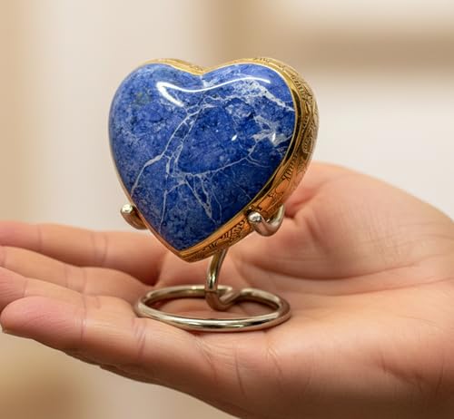 eSplanade Brass Mini Cremation Urn Heart-Shaped Keepsake Memorial Jar Pot Container | Small Urn for Funeral Ashes Burial | Stone Textured Keepsake with Stand | Blue - 2.75 Inches