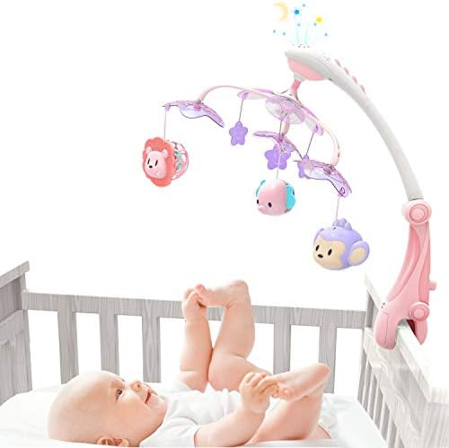 GrowthPic Musical Baby Crib Mobile with Star Projector Nursery Function, Foldable Arm, Hanging Rotating Infant Playing Teether and Loudspeaker with 30 Melodies