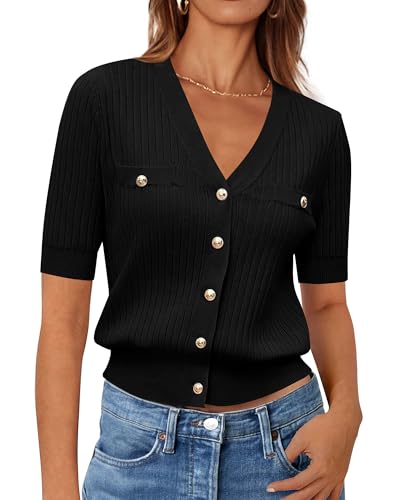 Zenlonr Women's 2025 Summer Button Down Shirts Casual Short Sleeve Blouse Tops V Neck Ribbed Knit Cardigans