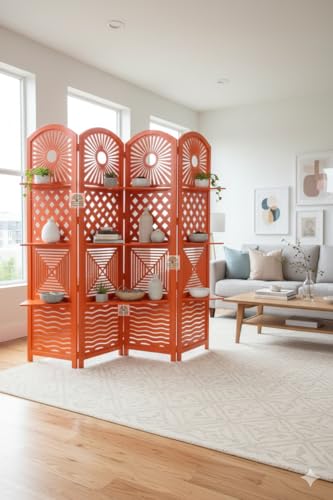Image of Wooden Room Divider 6 Feet, 4-Panel Folding Wooden Partition for Living Room, Office, Pooja Room, Restaurant, Kitchen & Balcony (2W x 1.82H Meters). (Orange)