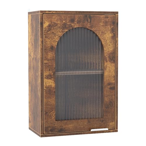 COSTWAY Bathroom Wall Cabinet, Wooden Storage Cupboard with Tempered Glass Single Door and Adjustable Shelf, Wall Mounted Medicine Cabinet Bathroom Unit for Living Room Kitchen Hallway (Rustic Brown)