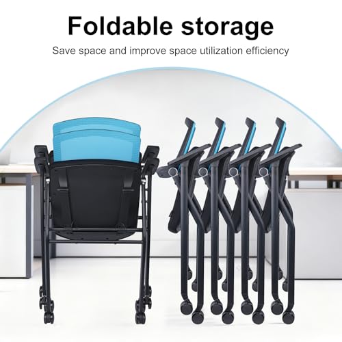 Image of Upgraded Folding Chair with Wheels and Padded, Ergonomic Mesh Back and Arms for Office, Meetings, Conferences, Receptions, Training Rooms & Folding Office Chairs