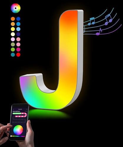 Kimimara Letras Luminosas Alfabeto - Lámpara LED Letra RGB App Controllo Luces Carta Operador a USB para Recepciones Fiesta Boda Navidad Hogar Bar Decoración (J)