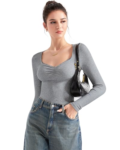 Image of SUUKSESS Women Sweetheart V Neck Long Sleeve Tops Lace Trim Ribbed Modal Fall Going Out Shirts