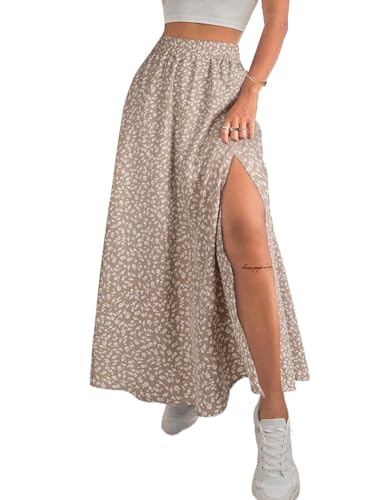 Avanova Women Boho Floral Slit Maxi Skirt Split Thigh High Waisted Long Sexy Skirt Apricot X-Large