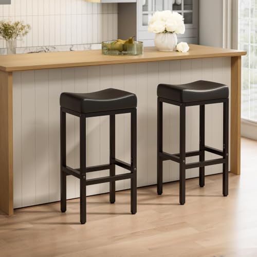 Image of Bar Stools Set of 2-24 Inch Counter Height Chairs for Kitchen Island, Leather Seat with 400 LBS Heavy-Duty Metal Frame and Adjustable Feet, Easy to Assemble for Bar, Cafe or Dining Room,Black