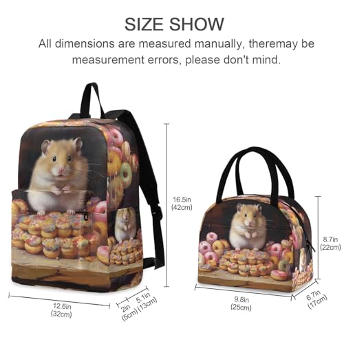 Donuts Hamster Print Backpack Set with Lunch Bag, Large Capacity Travel Backpacks and Lunch Box Insulated for Commute Hiking Picnic2