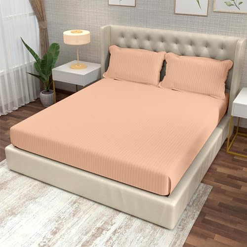 Image of Divine Casa 100% Cotton 210 TC King Size Bedsheet Italian Stripe | Soft Breathable Bed Sheet with 2 Pillow Covers | Luxury Stripe Bedding Set for King Size Bed | 275 x 275 cm (Peach, Striped)