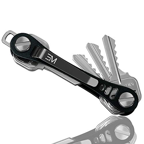 EM Compact Key Holder Premium (Aircraft Grade Aluminum) - Smart Keychain Organizer - Unique Style Pocket Clip Design (Black)