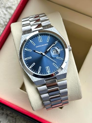 Image of AMERICANVIBER Men's Silver Stainless Steel Watch, Vibrant Green Sunburst Dial, Quartz Analog Movement, Date Display, Faceted Bezel for Men