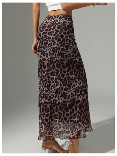 Verdusa Women's Leopard Print Mesh Maxi Skirts High Rise Bodycon Fishtail Skirt2