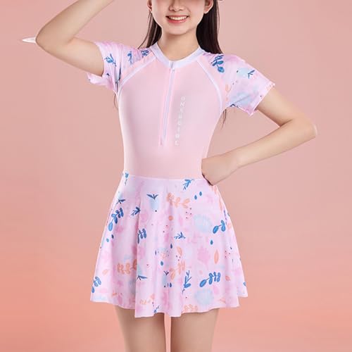 Girls One Piece Swimsuits Zipper Front Short Sleeve Swim Dress Hawaiian Printed Skirted Bathing Suits for 9-14 Years4