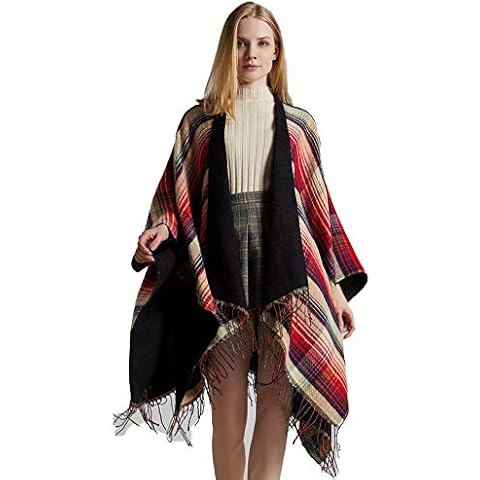 Bakerdani Women's Tassel Plaid Poncho Pashmina Shawl Wrap Cape Sweater Cover