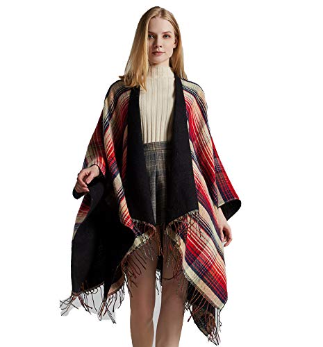 Bakerdani Women's Tassel Plaid Poncho Pashmina Shawl Wrap Cape Sweater