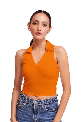 Image of BERRY BIRD Stylish Sleeveless V-Neck Slim Fit Collar Ribbed Knit Tank Crop Tops for Women & Girls Beach and Gym Wear and Western Trendy Fashion
