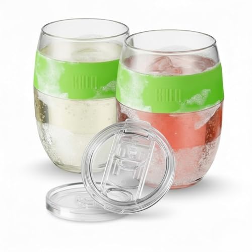 Image of Freezable Wine Tumbler Set with Lids & Green Grip - 2 Set - 13 oz Tumblers Insulated Cooling Gel Glasses - Reusable Double Wall Stemless Cups for Keeping Drinks Cold, Outdoor Entertaining & Gifts