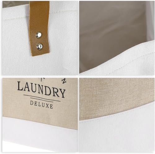 Image of 90L Large Laundry Basket, Collapsible Laundry Bag, Freestanding Tall Clothes Hamper, Foldable Washing Bin (Dark Blue) (White And Beige)