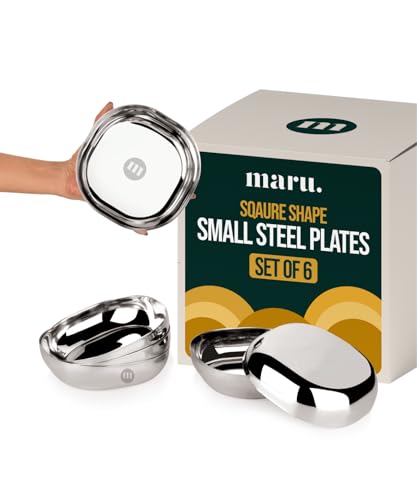 Image of MARU Steel Small Square Snacks /Serving Plates Set of 6 (14 cm Each), Multi-Utility Quarter /Diet Plates for Small Meals with Mirror Finish Design, Perfect for Breakfast, Nashta, Dessert & Daily Use