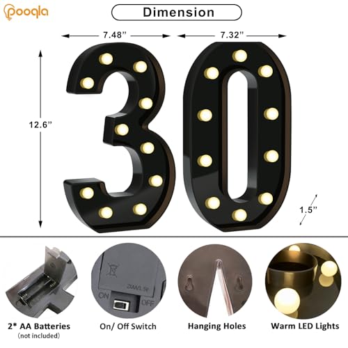 Image of Pooqla 30th Birthday Decorations for Men, Large Black Light Up Numbers | Black Party Decorations, 12.6in Tall Big Marquee Numbers 30th Anniversary Birthday Gift for Men Him Wedding Room Decor