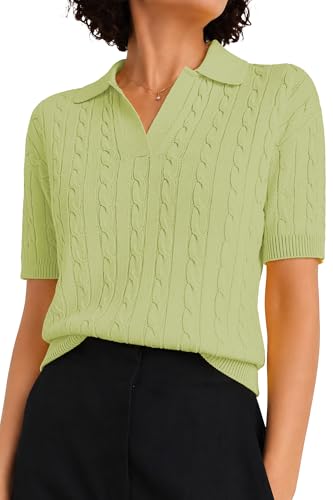 Image of QUALFORT Cable Knit Women's Short Sleeve Sweater Soft V Neck Polo Tops