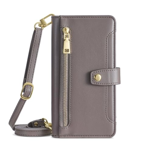 Étui Samsung S23 Ultra gris en cuir uni avec bandoulière et fermeture