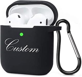 Pnakqil Personalized AirPods Case Cover with Clip Silicone Black Designer Custom Name Design AirPods 1/2 Shockproof Soft Gel TPU [Front LED Visible] Customize AirPods Cases for Apple AirPods 2 & 1