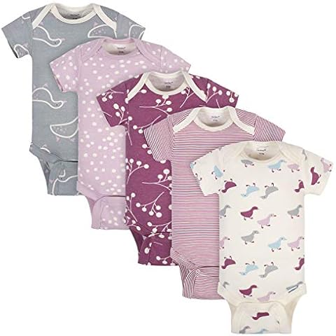 Grow by Gerber Baby Girls' Organic 5-Pack Short-Sleeve Onesies Bodysuits Footie, Grey/Pink/Ivory, 6-9 Months Cover