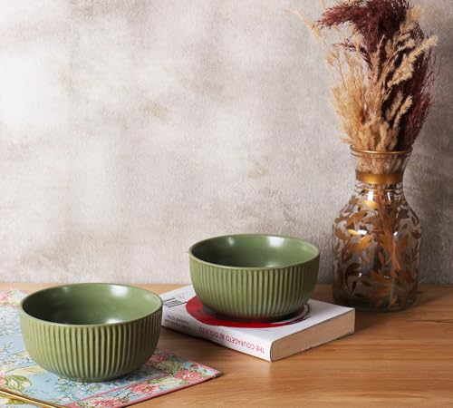 Image of Niyara Ceramic Printed Bowl Set of 2 | Premium Serving Bowls for Snacks, Soup & Desserts | Microwave & Dishwasher Safe (Green line Bowl)