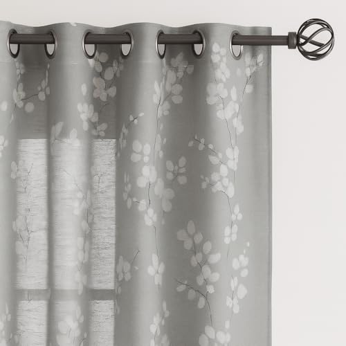 Image of BFAM Sheer Curtain with Floral Print, Premium Printed Sheer Drapes, Eyelet /Grommet Curtain for Living Room, Bedroom, Light Filtering Curtains, Grey Floral 12 Feet,Pack of 1 Curtain