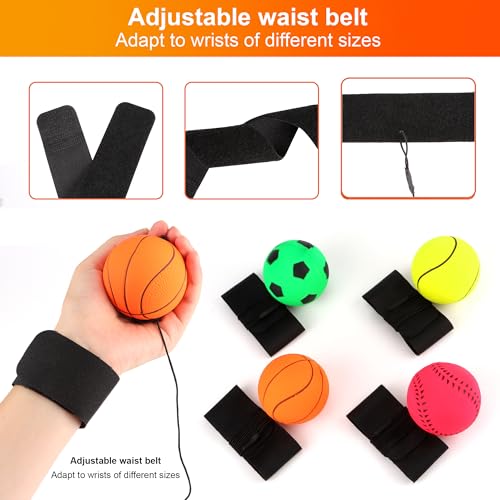 Springball mit Schnur - Sport Handgelenk Return Set, Ø 6cm, 4 Stücke Armband Spielzeug für Kinder und Erwachsene, Fußball/Basketball/Softball/Baseball (Mehrfarbig)