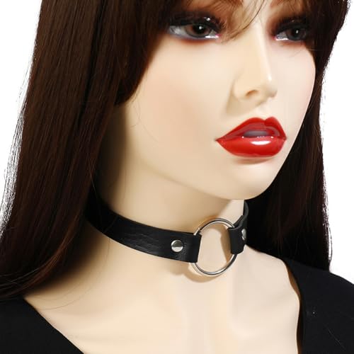 CALFOVERA Verstellbares PU Leder Choker Halsband Für Frauen O Ring Gothic Style Lederhalsband Mit Kettengliedern Schwarzes Punk Design Kurzes Kreishalsband Mit Niete Für Kostümschmuck Halloween Party