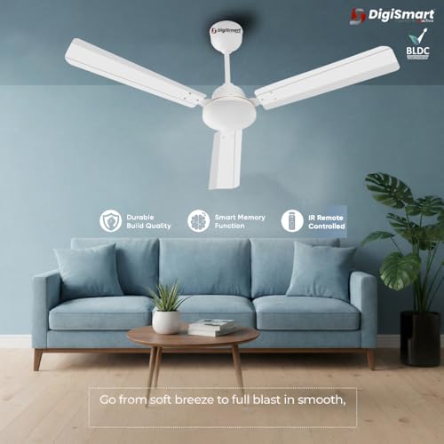 Image of DIGISMART Storm BLDC 1200 MM Ceiling Fan with Remote, 28W Energy Efficient, 225 CMM Air Delivery, 65% Power Saving, Low Noise, Reverse Mode, Smart Memory, 3 Blade Ceiling Fan 5 Year Warranty (White)