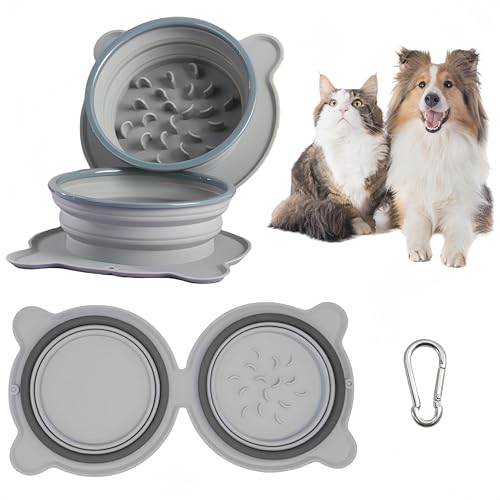ペット用食器 ペットボウル 折りたたみ式 持ち運び用 携帯用ボウル ペット早食い防止 犬 猫 フードボウル 水飲み 餌入れ ペット用品 給水器 給餌器 (グレー)
