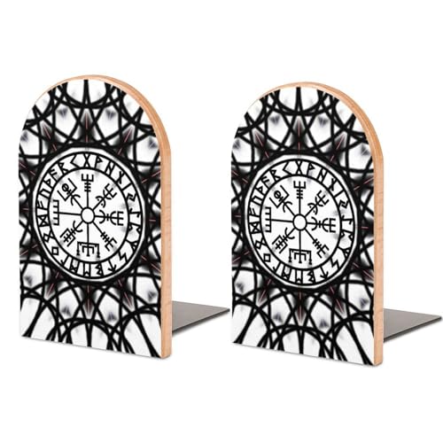 Wood Book Ends Non-Skid Norse Viking Vegvisir Bookends, Desktop Organizer Bookshelf for Office Home Dorm Decoration (1 Pair)