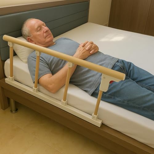 Image of P.M.P.S. Wood Grain 4 Steel Vertical Bar Hospital Bed Guard Collapsible Railing Soft Closure,No Drilling Required, (1 Side Only) for Elderly Person Size- 36 L X 14 H - inches