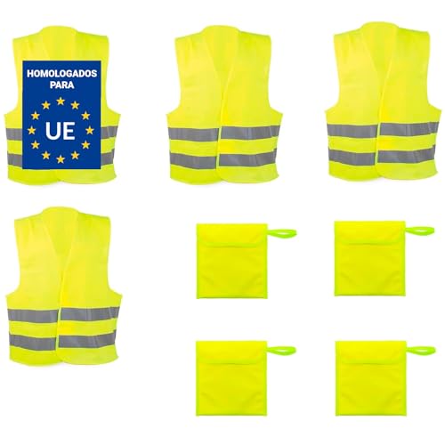 Adri 4 Chalecos Reflectantes de Seguridad, Homologados, Unisex Adulto, Amarillo, Cierre de contacto, con 4 Bolsas para guardar.