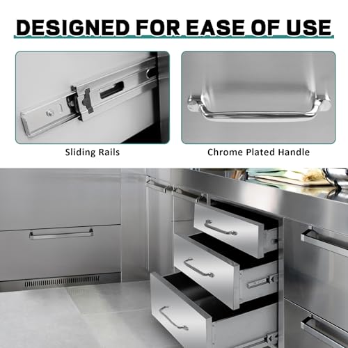 Image of Outdoor Kitchen Drawers 20 inch W x 27 inch H x 23 inch D Stainless Steel Drawer BBQ Triple Drawers with Chrome Handle for Outdoor Kitchen Island, Patio Grill Station