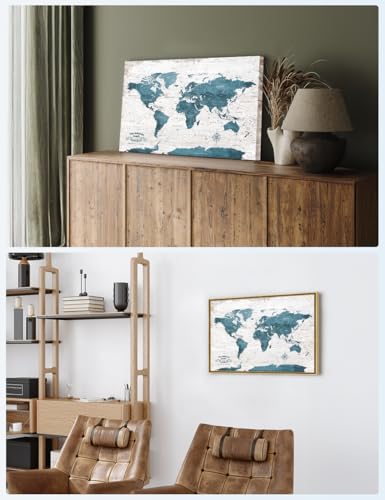 Image of IPIC - Personalized World Map Canvas Wall Art, Push Pin Map with Custom Names to Track Your Travels, Vintage Teal Framed Wall Decor for Home, Office, Living Room or RV, Ready to Hang