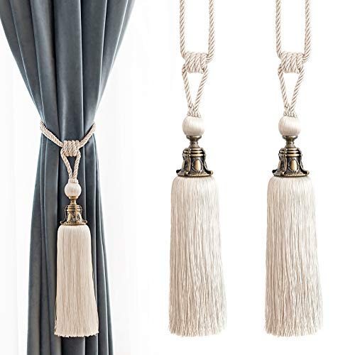 Melodieux Decorative Curtain Tiebacks Antique Tassels Holdbacks, Home Office Windows Drapery Fasteners Fringe Ropes, Set of 2 (White)