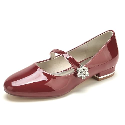 Women's Bride Wedding Shoes Patent Leather Rhinestone Closed Toe Pumps Ankle Buckle Ballet Flats Slip on Bridal Shoes
