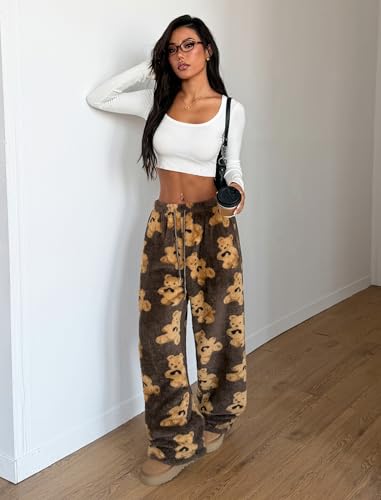 Image of ZAFUL Women's Fuzzy Plush Pajama Pants Wide Leg Pj Bottoms Lounge Pants | Soft Fluffy Sleep Pants Drawstring Elastic Waist Teddy Pjs for Women No Pockets