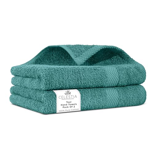 Image of Cotton Hand Towels Set of 2, 16 x 28, Oeko-TEX Certified, Quick Dry, Teal