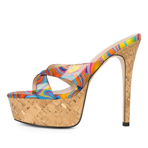Image of Esvowido Heeled Mules for Women Cork Platform Stiletto Heels Slip on Open Toe High Heeled Sandals Crisscross Slippers Pumps Shoes