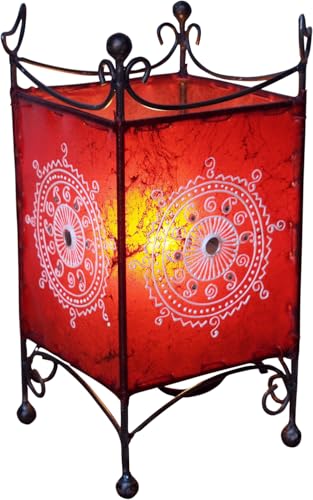 GURU SHOP Lampe au Henné - Lampe de Table en Cuir/lampe de Table Madras, Rouge, Encuir, Couleur : Rouge, 25x12x12 cm, Lampes de Table Orientales