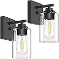 Set of 2 Wall Sconces for Bathroom, Modern Vanity Light Fixtures, Matte Black Wall Mount Lighting Lanterns, Farmhouse Wall Lights with Clear Glass Shade for Bedroom Living Room Mirror Hallway Kitchen
