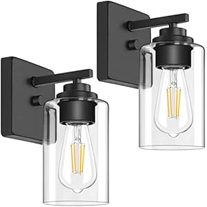 Set of 2 Wall Sconces for Bathroom Modern Vanity Light Fixtures Matte Black Wall Mount Lighting Lanterns Farmhouse Wall Lights with Clear Glass Shade for Bedroom Living Room Mirror Hallway Kitchen